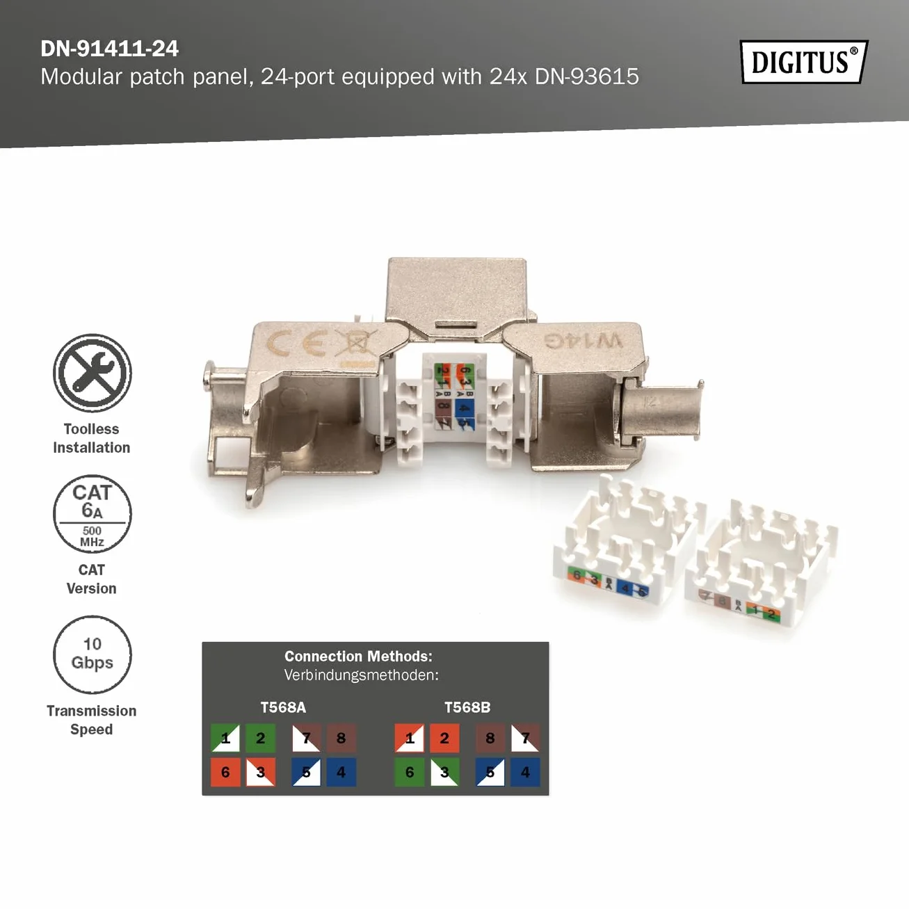 DIGITUS Patchpanel Set – 19 Zoll 1HE – 24x Cat 6A Keystone-Modul DN-93615 | 24x RJ45 – Modulares Patch-Feld – 10 Gbit/s – Rack-Montage im 19 Zoll Netzwerkschrank – Schwarz