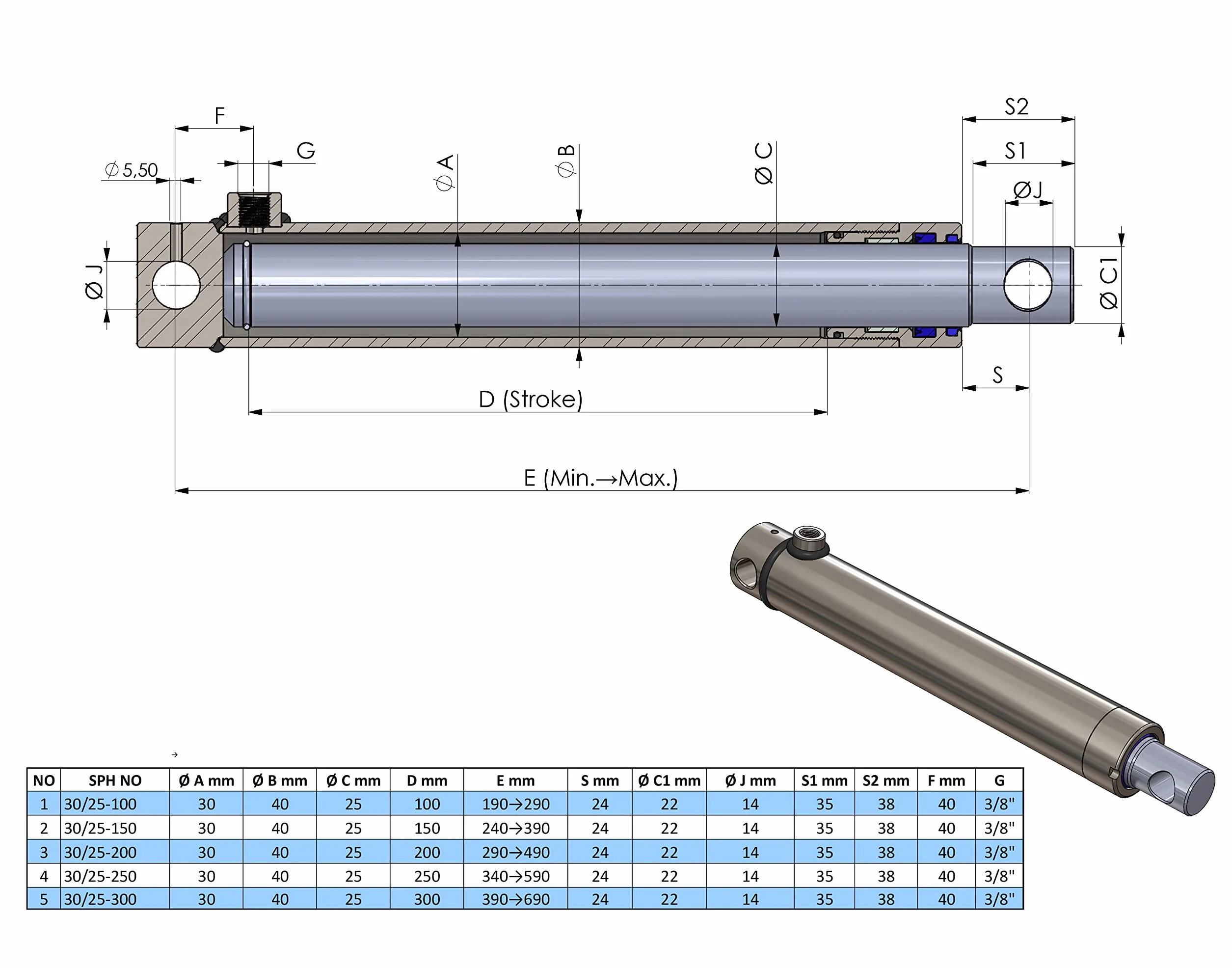 Hydraulik-Zylinder einfachwirkend mit Querbohrung (Ø 25, Hub mm : 100)