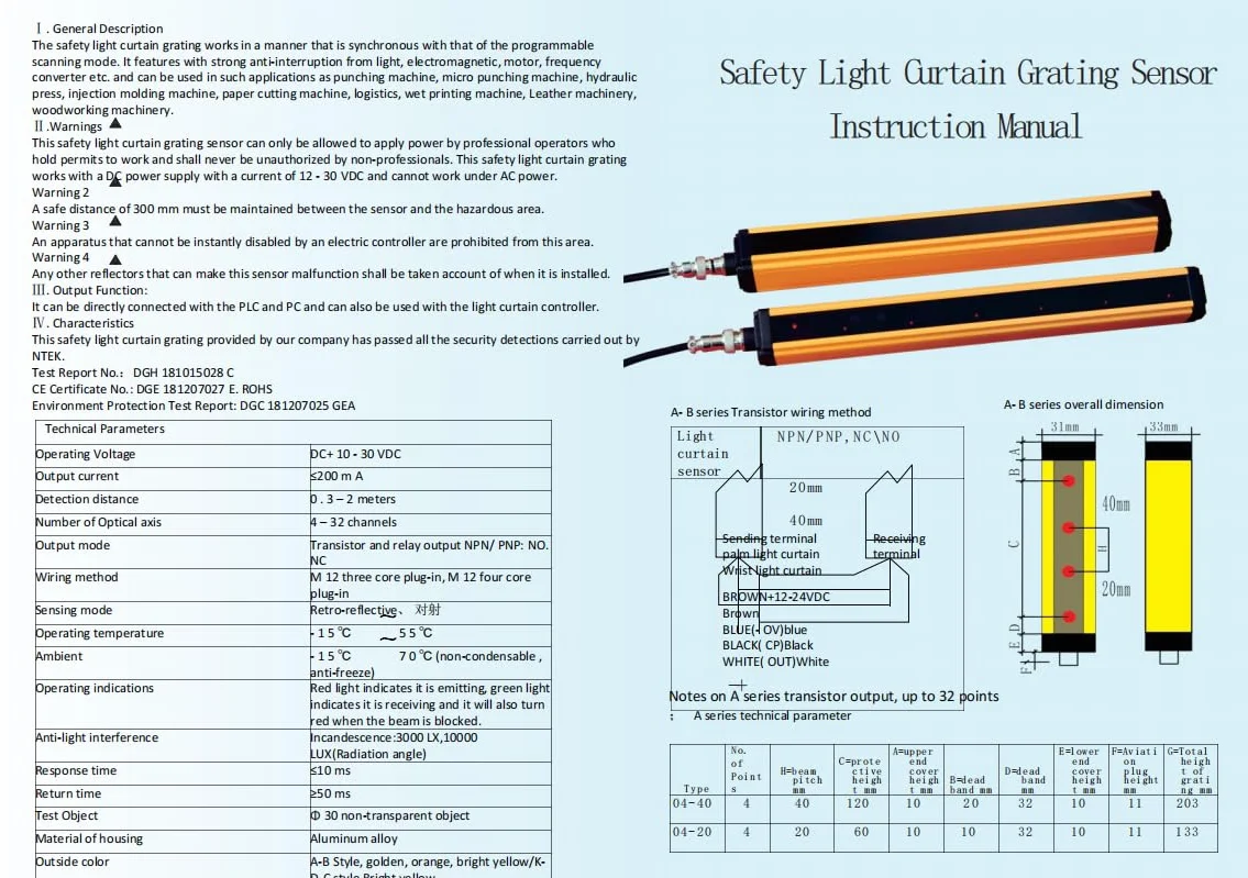 Buachois Sicherheits Lichtvorhang Sensoren, 6 Beams DC10–30V Lichtvorhang A Serie Lichtgitter BEM0640-C-200NB Sicherheitsgerät Sicherheitslichtgitter Optischer Gittersensor C Typ Dünner Lichtschranke