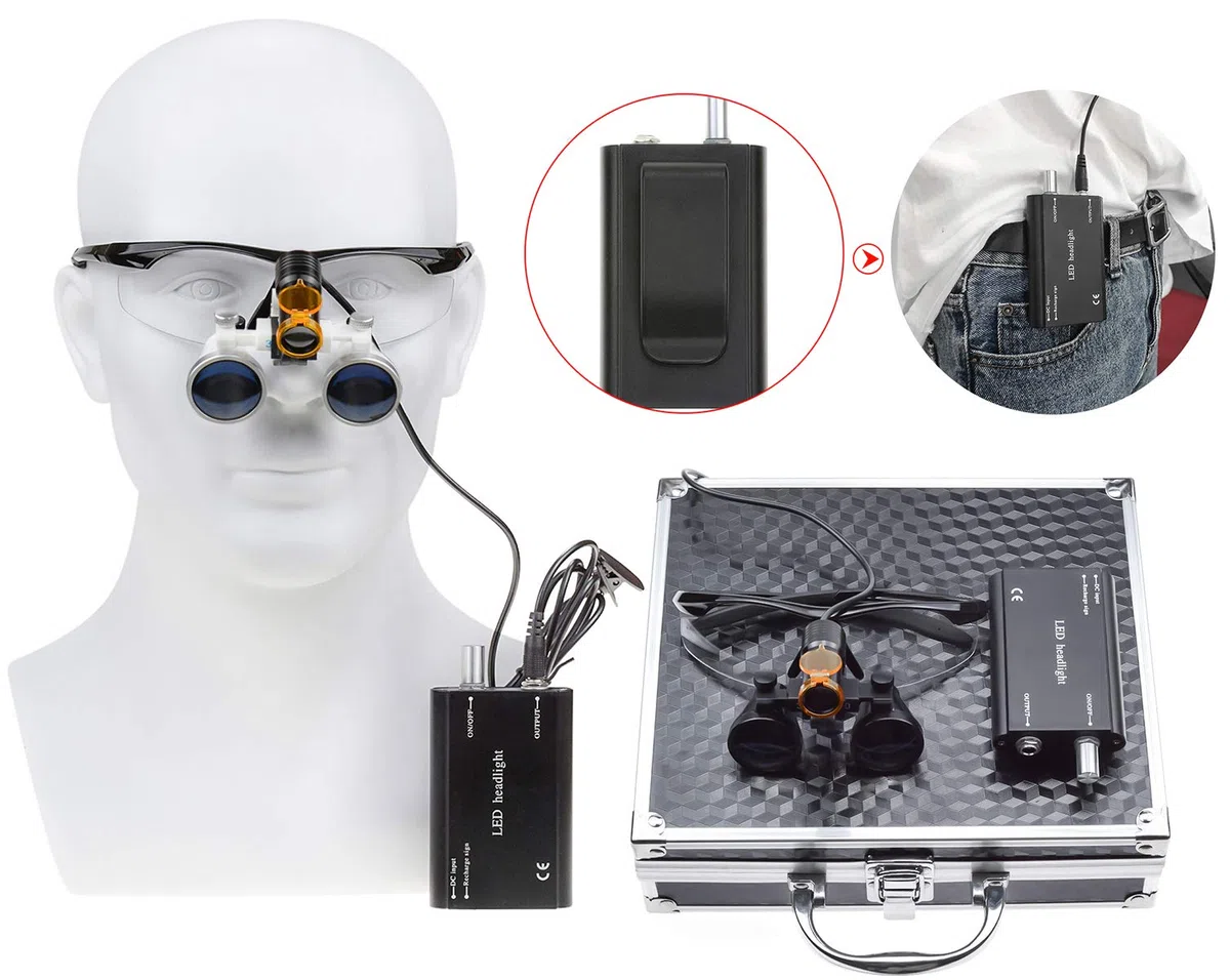 BoNew 3,5 x chirurgische Fernglas-Lupen, optisches Glas + 5 W LED-Scheinwerfer, leistungsstarkes Licht mit Filterclip-Typ + Aluminium-Box (schwarz)