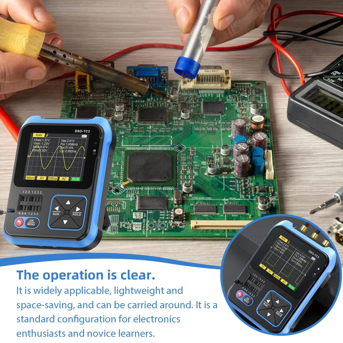 DSO-TC3 Oszilloskop, 3 in 1 Digitales Handoszilloskop Multimeter Tragbares Transistortester Oszilloskope Signalgenerator 500kHz Bandbreite, ESR-Tester LCR-Widerstands-Zähler mit 2.4'' Tft Display