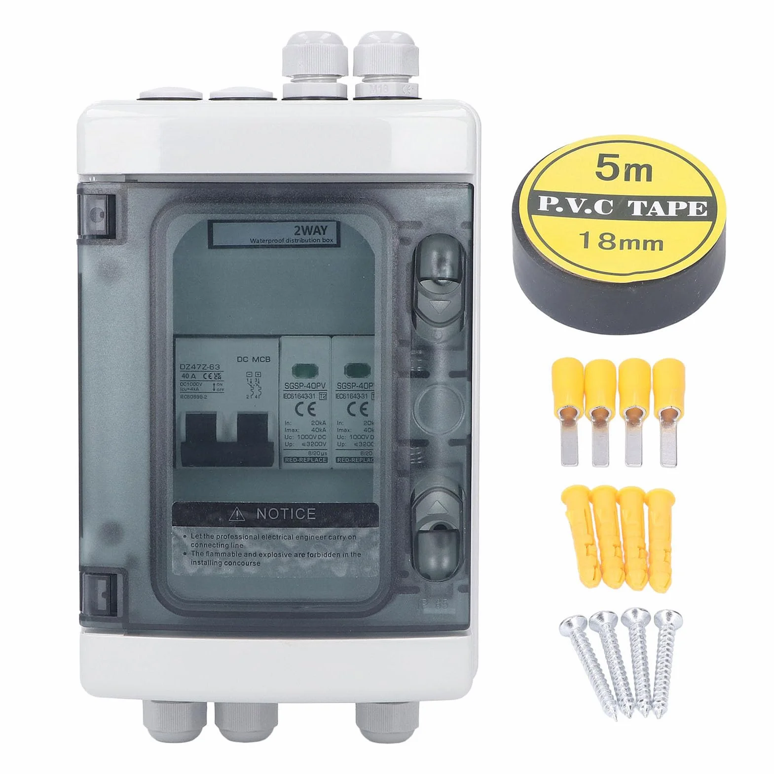 2 String PV Combiner Box IP65 Wasserdichter Solar-Trennschalter mit 40 A Leistungsschalter 1000 V für Sonnenkollektoren