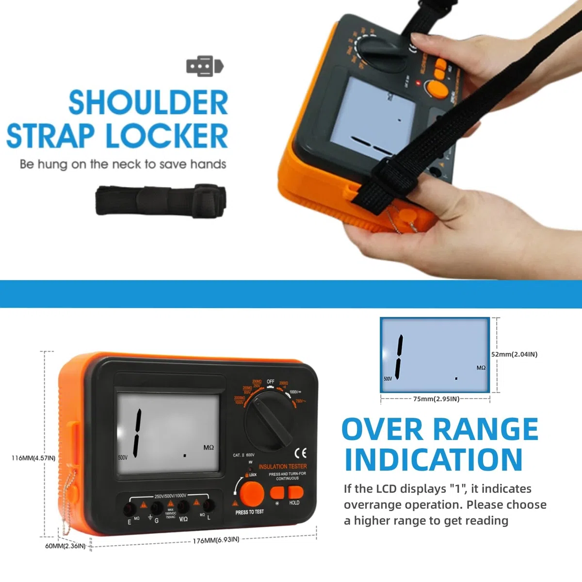 Megaohmmeter, WapoRich Digitaler Isolationswiderstandstester 2000 MΩ Megaohmmeter mit DC 250 V/50 V/1000 V AC 750 V Prüfspannung