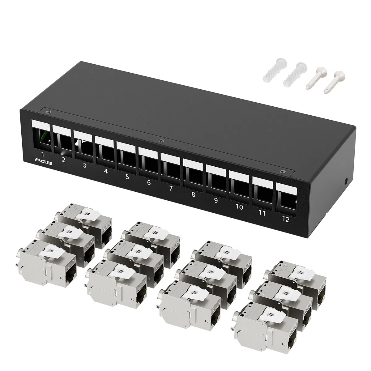 FGB 10 Gbps 12 Port CAT7 Patchpanel mit 12x CAT.7 RJ45 Keystone Jack Modul, STP Patchpanel Verteilerfeld für Netzwerk LAN DSL, Kompatibel CAT6 CAT6a CAT7 CAT8 Verlegekabel Netzwerkkabel