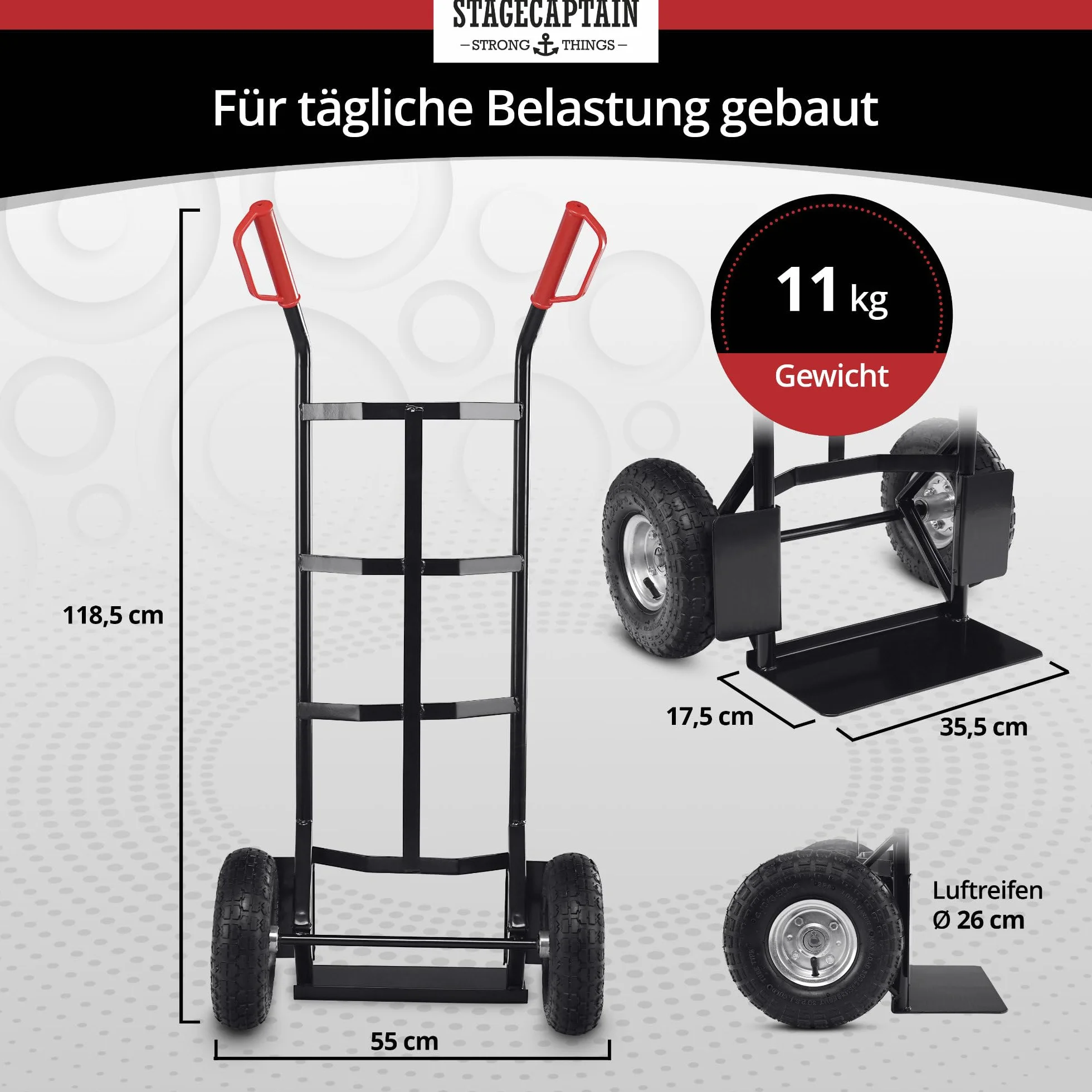 Stagecaptain Carryboy Sackkarre - 200 kg belastbar - Transportkarre für Umzug oder Getränkekisten - Robuster Stahlrahmen und Luftreifen mit 26 cm Ø - Handwagen mit Sicherheits-Haltegriffen - Schwarz