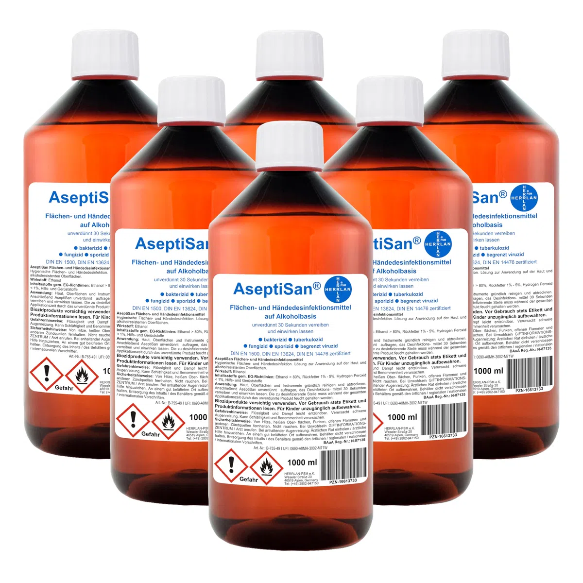 AseptiSan - 6 x 1000 ml Flächen- und Händedesinfektionsmittel Pharmazentral-Nr-16613733 Nachfüllflasche HERRLAN Qualität Made in Germany