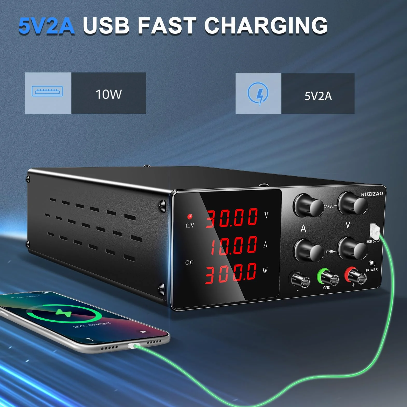 Labornetzgerät Regelbar Labornetzteil 30V 10A Variablen Schaltnetzteil Geregeltes Hochpräzises 4-stelliges LED-Display 5V/2A USB-Anschluss Labor DC-Stromversorgungen (Schwarz)
