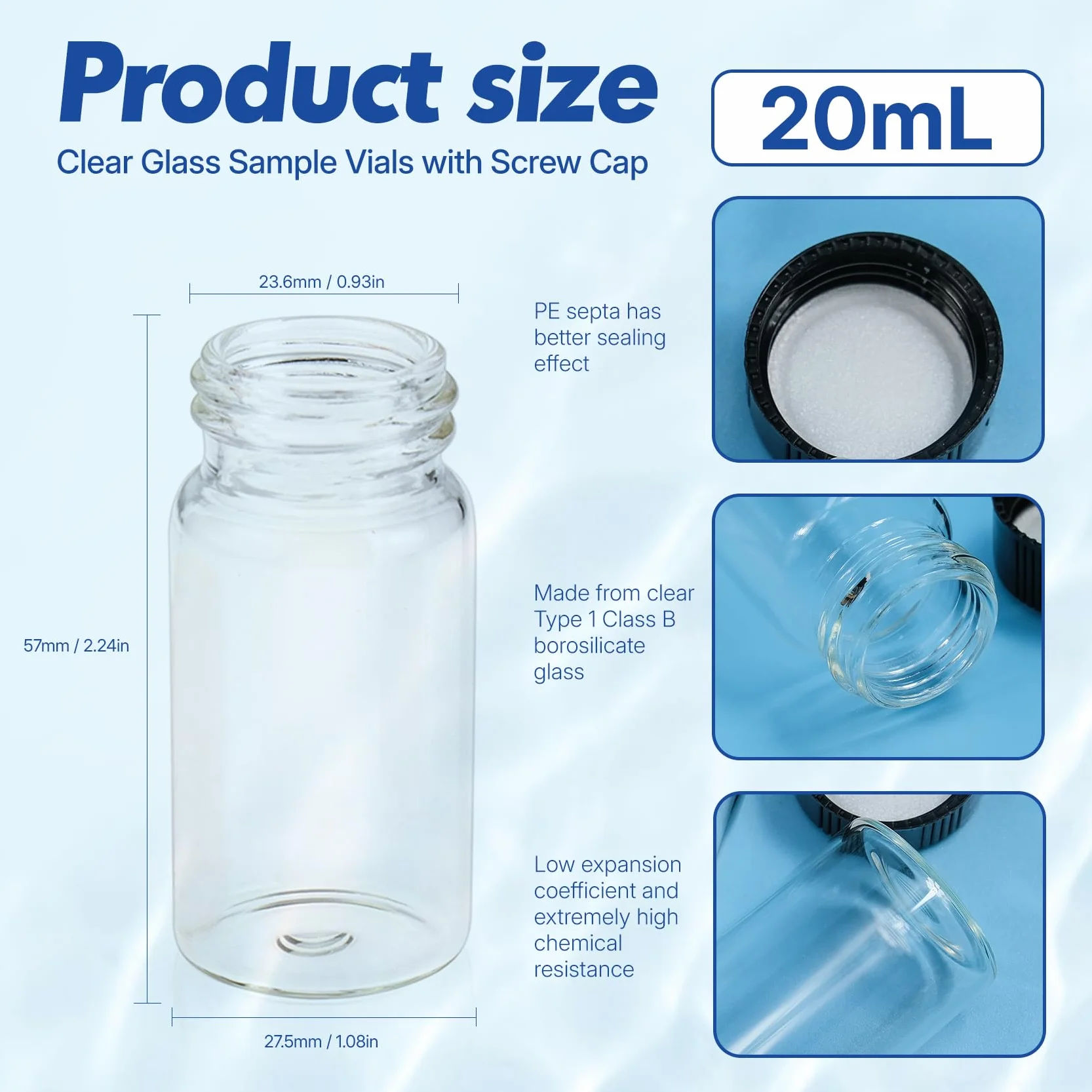 ALWSCI 100 Stücke 20 mL Probe Klarglas Fläschchen Probenahme Flaschen 24 mm Schwarz geschlossen Top PP Cap, Probe Container Labor Fläschchen 27.5x57 mm