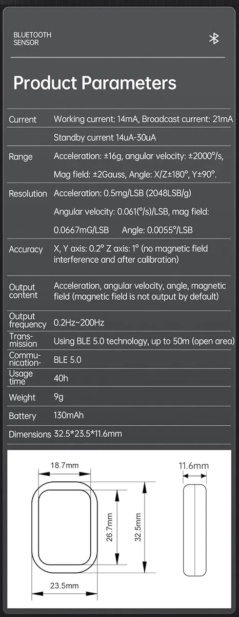 [Bluetooth 5.0 Beschleunigungssensoren] WT9011DCL MPU9250 Mini Wireless Inertial Sensor, 3-Achsen Beschleunigungsmesser + Gyroskop + Magnetometer)+ Neigungsmesser, 9-Achsen IMU AHRS Sensormodul USB