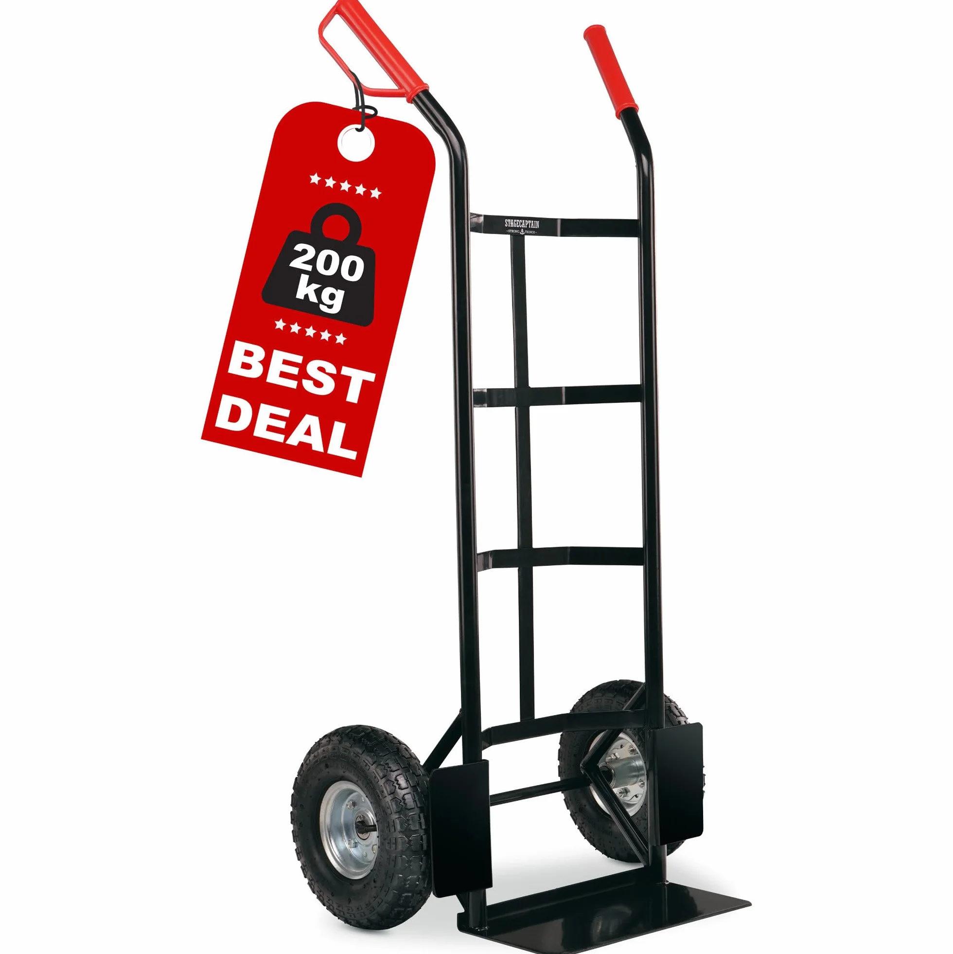 Stagecaptain Carryboy Sackkarre - 200 kg belastbar - Transportkarre für Umzug oder Getränkekisten - Robuster Stahlrahmen und Luftreifen mit 26 cm Ø - Handwagen mit Sicherheits-Haltegriffen - Schwarz